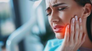 Woman in pain clutching her jaw. 